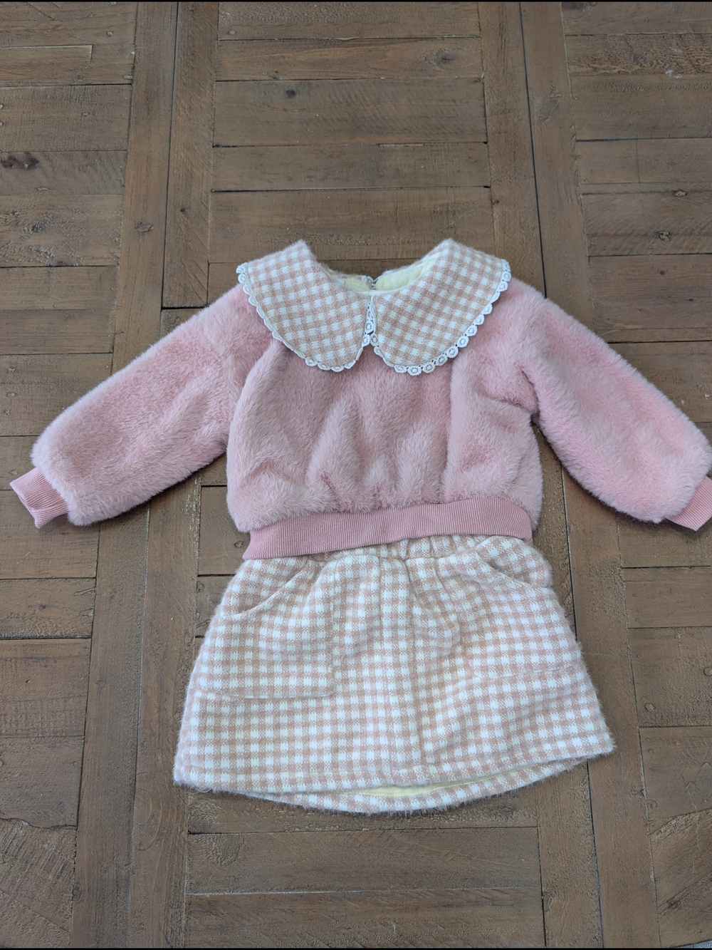 Pink Plush Two-Piece Set with Gingham Collar